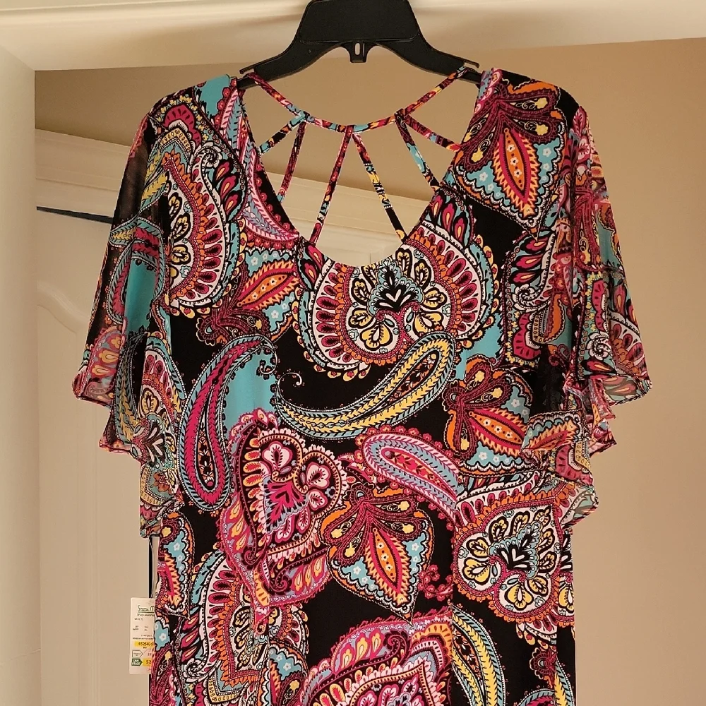 MSK Multicolor Vneck Paisley Dress Flutter Sleeves - Picture 3 of 7